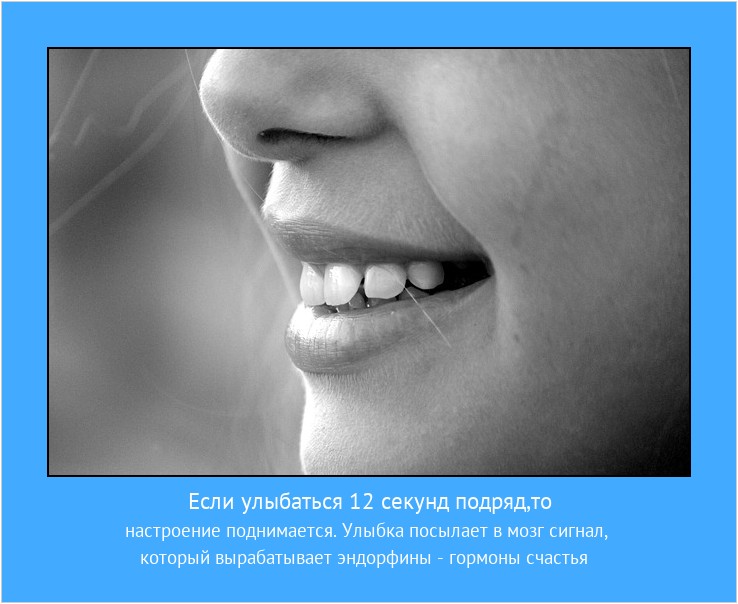 Если улыбаться 12 секунд подряд,то настроение поднимается. Улыбка посылает в мозг сигнал, который вырабатывает эндорфины - гормоны счастья #мотиватор