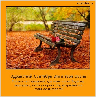  Здравствуй,Сентябрь!Это я,твоя Осень Только не спрашивай, где меня носит.
Видишь, вернулась, стою у порога…
Ну, открывай, не суди меня строго! #мотиватор