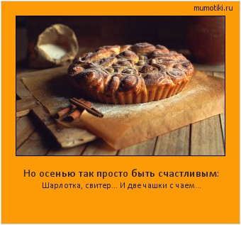 Но осенью так просто быть счастливым: Шарлотка, свитер… И две чашки с чаем... Cамые лучшие мотиваторы на mumotiki.ru Но осенью так просто быть счастливым: Шарлотка, свитер… И две чашки с чаем... #мотиватор