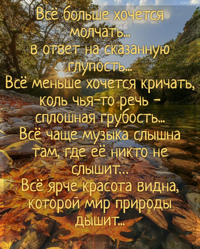 Всё больше хочется молчать... в ответ на сказанную глупость... Всё меньше хочется кричать, коль чья-то речь -сплошная грубость...Всё чаще музыка слышна там, где её никто не слышит… Всё ярче красота видна, которой мир природы дышит... - Самые лучшие мотиваторы и цитаты на mumotiki.ru Всё больше хочется молчать... в ответ на сказанную глупость... Всё меньше хочется кричать, коль чья-то речь -сплошная грубость...Всё чаще музыка слышна там, где её никто не слышит… Всё ярче красота видна, которой мир природы дышит... #цитата