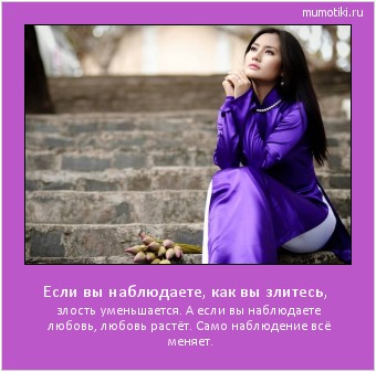 Если вы наблюдаете, как вы злитесь, злость уменьшается. А если вы наблюдаете любовь, любовь растёт. Само наблюдение всё меняет. Cамые лучшие мотиваторы на mumotiki.ru Если вы наблюдаете, как вы злитесь, злость уменьшается. А если вы наблюдаете любовь, любовь растёт. Само наблюдение всё меняет. #мотиватор
