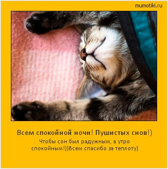 Всем спокойной ночи! Пушистых снов!) Чтобы сон был радужным, а утро спокойным!))
Всем спасибо за теплоту) Cамые лучшие мотиваторы на mumotiki.ru Всем спокойной ночи! Пушистых снов!) Чтобы сон был радужным, а утро спокойным!))
Всем спасибо за теплоту) #мотиватор