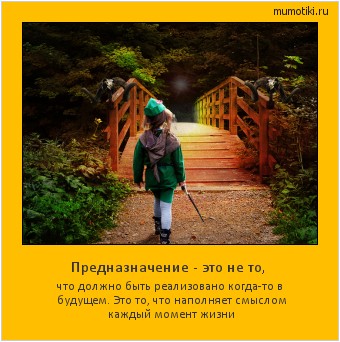 Предназначение - это не то, что должно быть реализовано когда-то в будущем. Это то, что наполняет смыслом каждый момент жизни #мотиватор