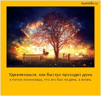 Удивляешься, как быстро проходит день а потом понимаешь, что это был не день, а жизнь. Cамые лучшие мотиваторы на mumotiki.ru Удивляешься, как быстро проходит день а потом понимаешь, что это был не день, а жизнь. #мотиватор