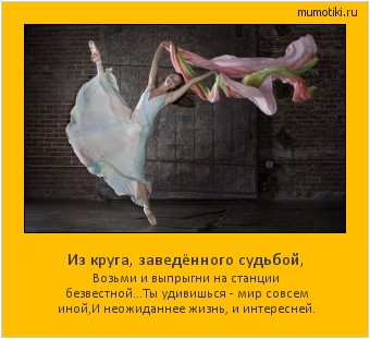 Из круга, заведённого судьбой, Возьми и выпрыгни на станции безвестной...
Ты удивишься - мир совсем иной,
И неожиданнее жизнь, и интересней. #мотиватор
