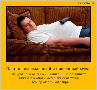 Плотно накормленный и напоенный муж… аккуратно уложенный на диван… не причиняет никаких хлопот и легко вписывается в интерьер любой квартиры. Cамые лучшие мотиваторы на mumotiki.ru Плотно накормленный и напоенный муж… аккуратно уложенный на диван… не причиняет никаких хлопот и легко вписывается в интерьер любой квартиры. #мотиватор