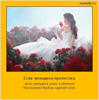 Если женщина прелестна, если женщина умна -
суетиться бесполезно!
Выбор сделает она!.. #мотиватор
