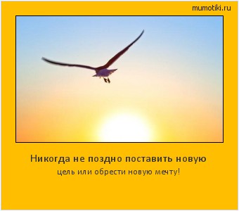 Никогда не поздно поставить новую цель или обрести новую мечту! Cамые лучшие мотиваторы на mumotiki.ru Никогда не поздно поставить новую цель или обрести новую мечту! #мотиватор