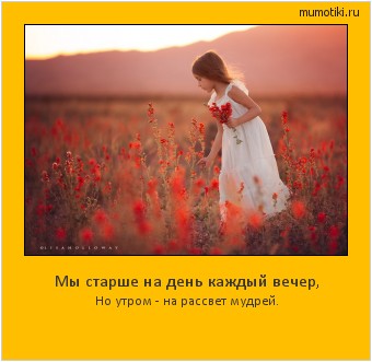 Мы старше на день каждый вечер, Но утром - на рассвет мудрей. Cамые лучшие мотиваторы на mumotiki.ru Мы старше на день каждый вечер, Но утром - на рассвет мудрей. #мотиватор