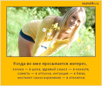 Когда во мне просыпается интерес, логика — в шоке, здравый смысл — в нокауте, совесть — в отпуске, интуиция — в бегах, инстинкт самосохранения — в отключке. #мотиватор