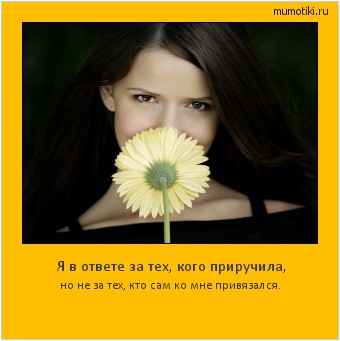 Я в ответе за тех, кого приручила, но не за тех, кто сам ко мне привязался. Cамые лучшие мотиваторы на mumotiki.ru Я в ответе за тех, кого приручила, но не за тех, кто сам ко мне привязался. #мотиватор