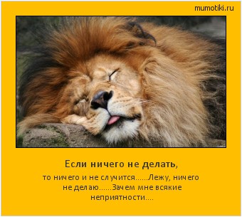 Если ничего не делать, то ничего и не случится......
Лежу, ничего не делаю......
Зачем мне всякие неприятности.... Cамые лучшие мотиваторы на mumotiki.ru Если ничего не делать, то ничего и не случится......
Лежу, ничего не делаю......
Зачем мне всякие неприятности.... #мотиватор