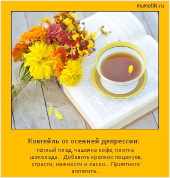Коктейль от осенней депрессии: тёплый плед, чашечка кофе, плитка шоколада... Добавить крепких поцелуев, страсти, нежности и ласки… Приятного аппетита... #мотиватор