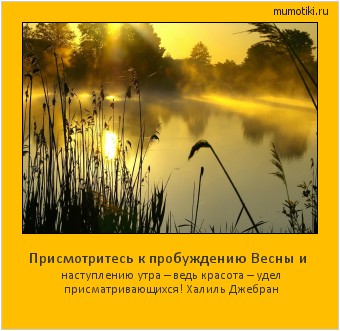 Присмотритесь к пробуждению Весны и наступлению утра – ведь красота – удел присматривающихся!
Халиль Джебран Cамые лучшие мотиваторы на mumotiki.ru Присмотритесь к пробуждению Весны и наступлению утра – ведь красота – удел присматривающихся!
Халиль Джебран #мотиватор